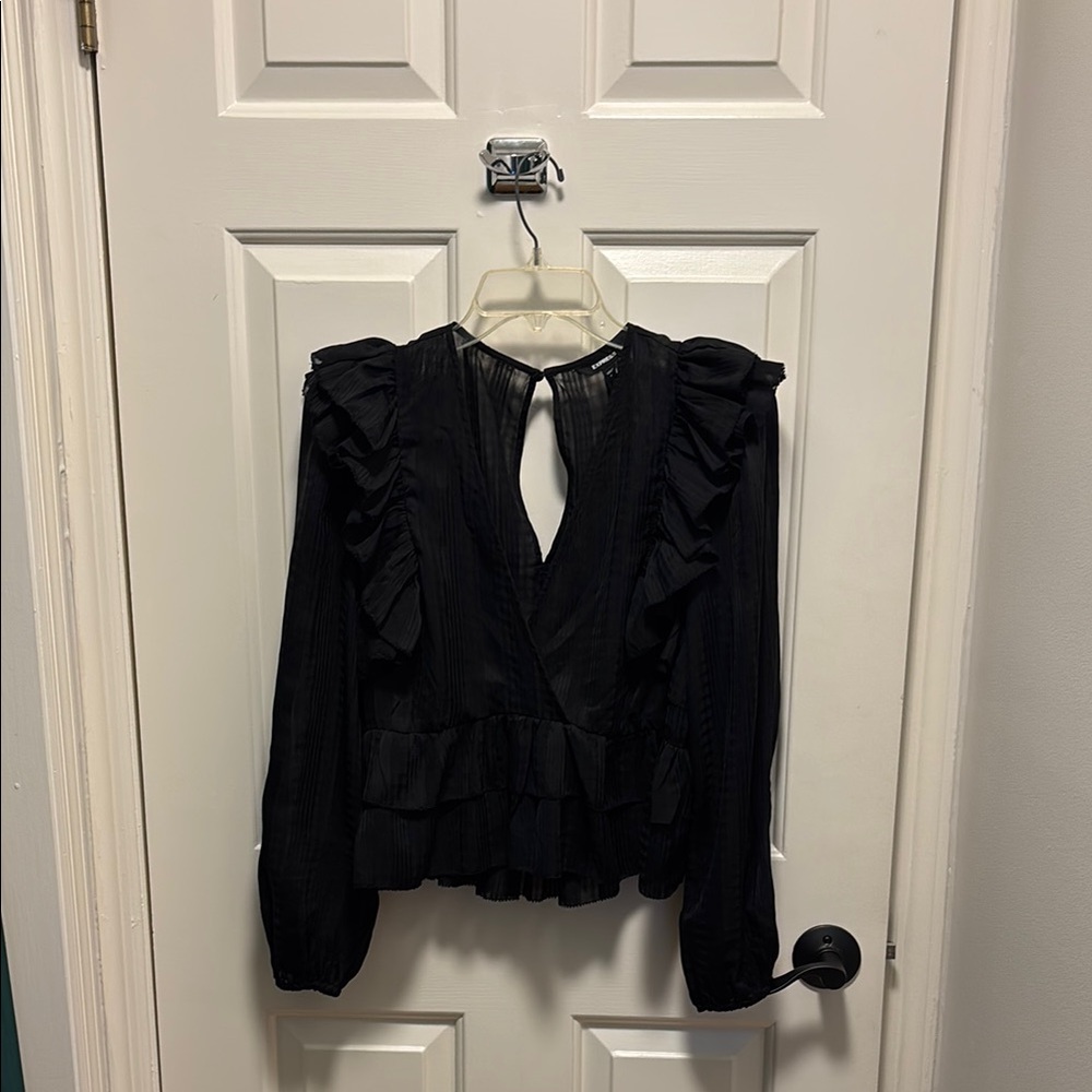 Chic Black Ruffled Cutout Blouse